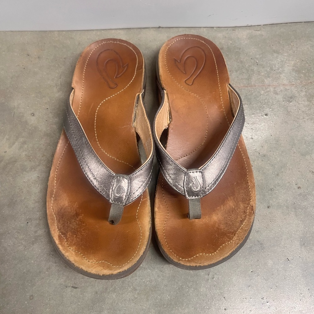 OluKai KUMU Brown Leather Flip Flop Thong‎ Womens Size 7 Comfort Casual Sandal